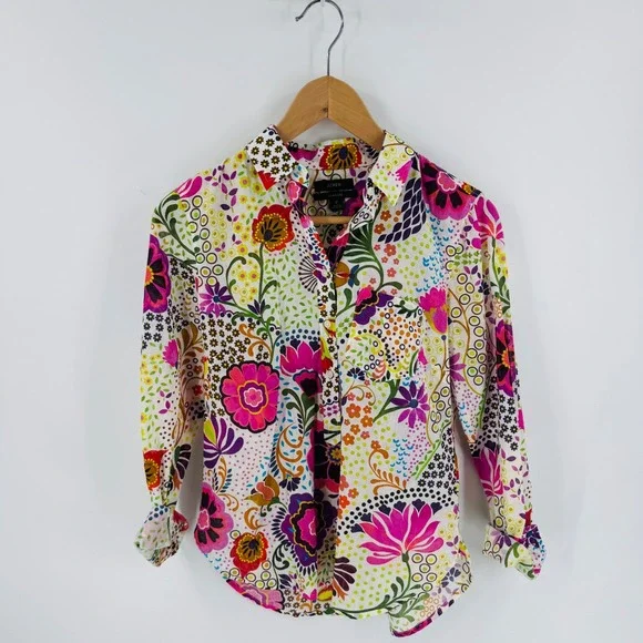 J. Crew Classic Popover Shirt Floral Print Button Down Long Sleeve Cotton Size 2 - Picture 2 of 7